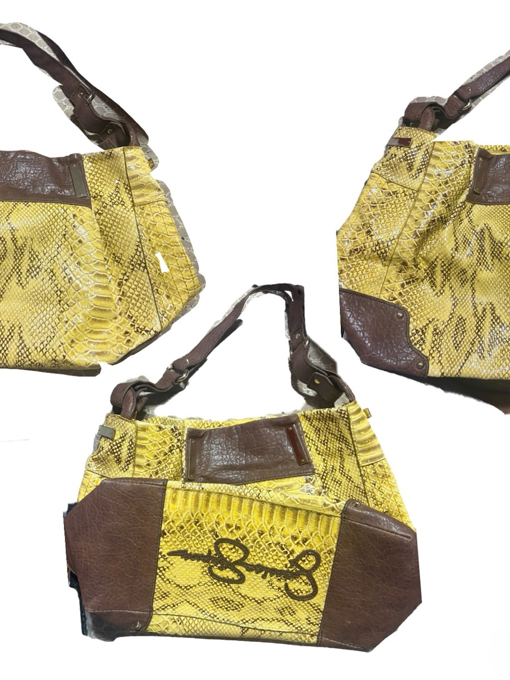Jessica Simpson Yellow Python-Print Shoulder Bag with Brown Trim